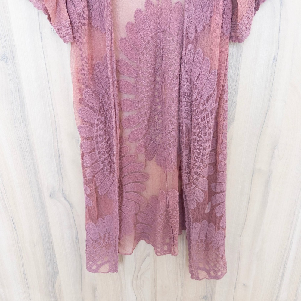 Rebellion Womens Lace Sheer Kimono M Mauve Pink Embroidered Boho Festival Fairy - Picture 3 of 8